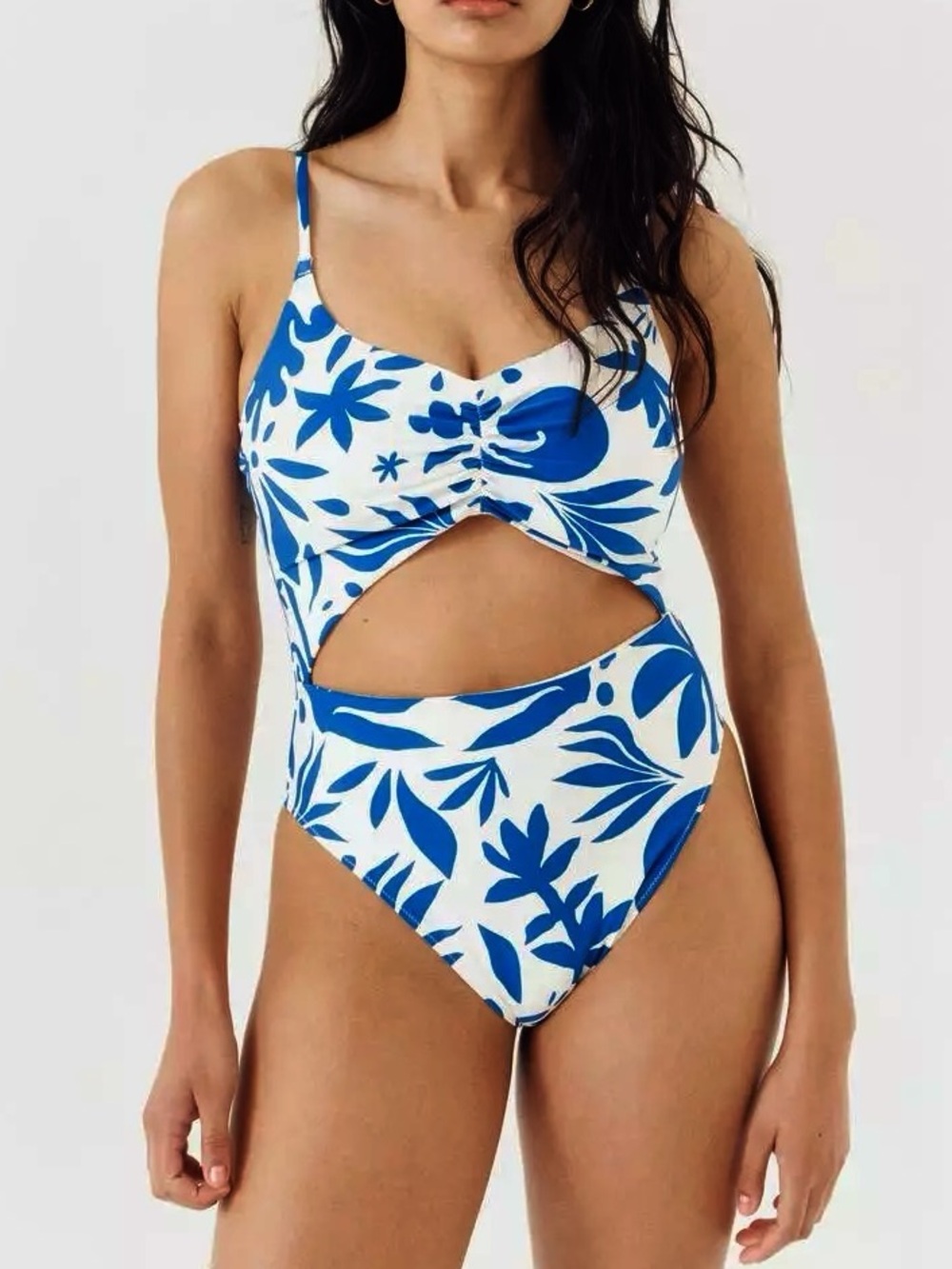 NWT H&M Blue White Cutout One Piece Swimsuit Size XL High Leg Padded V Neck NEW